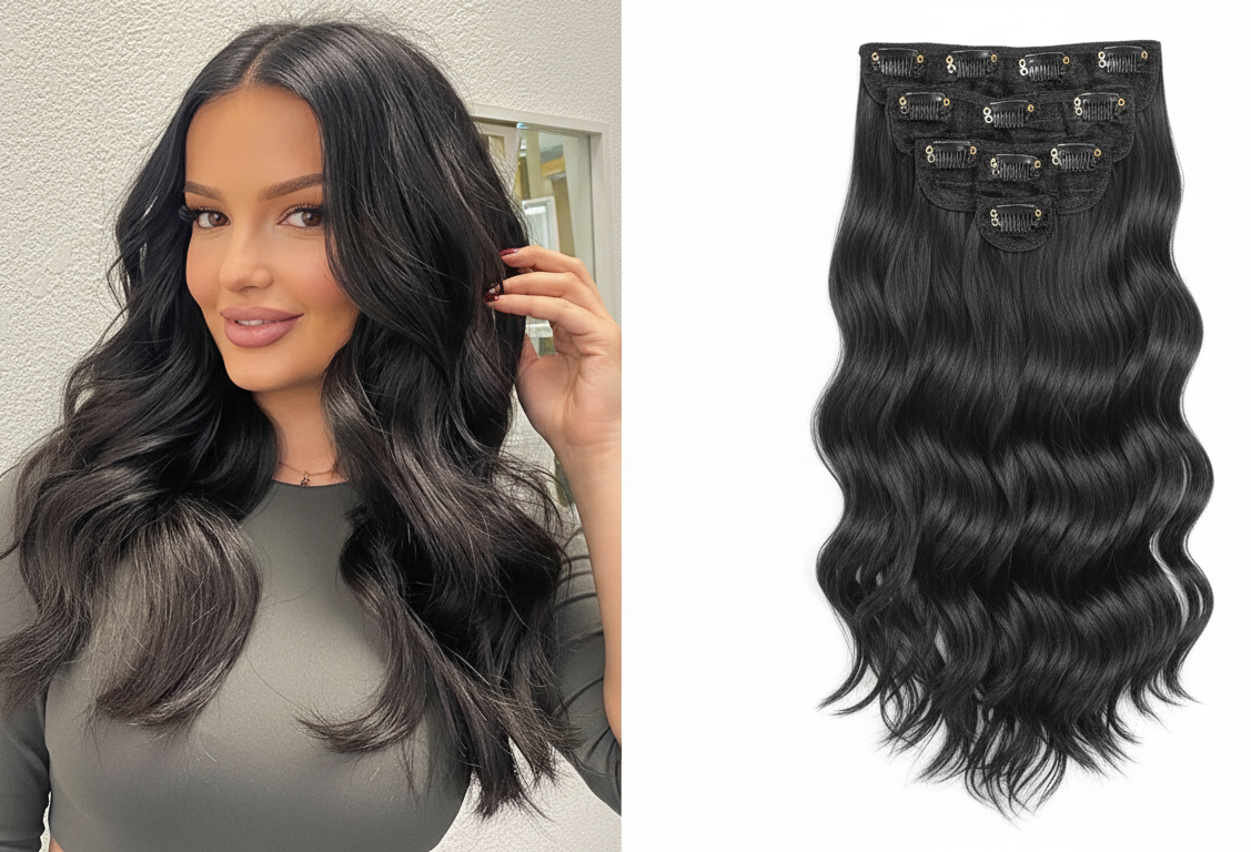 Srhairfeelers BLACK 6 Pieces 13 Clips Set PREMIUM Matte Finish Hair Extensions 24 Inches (Light Curly/Wavy)