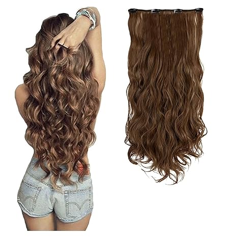 Srhairfeelers Women Hair Extension Full Head Wig 22 Inch Synthetic Natural Wavy Brown Hover